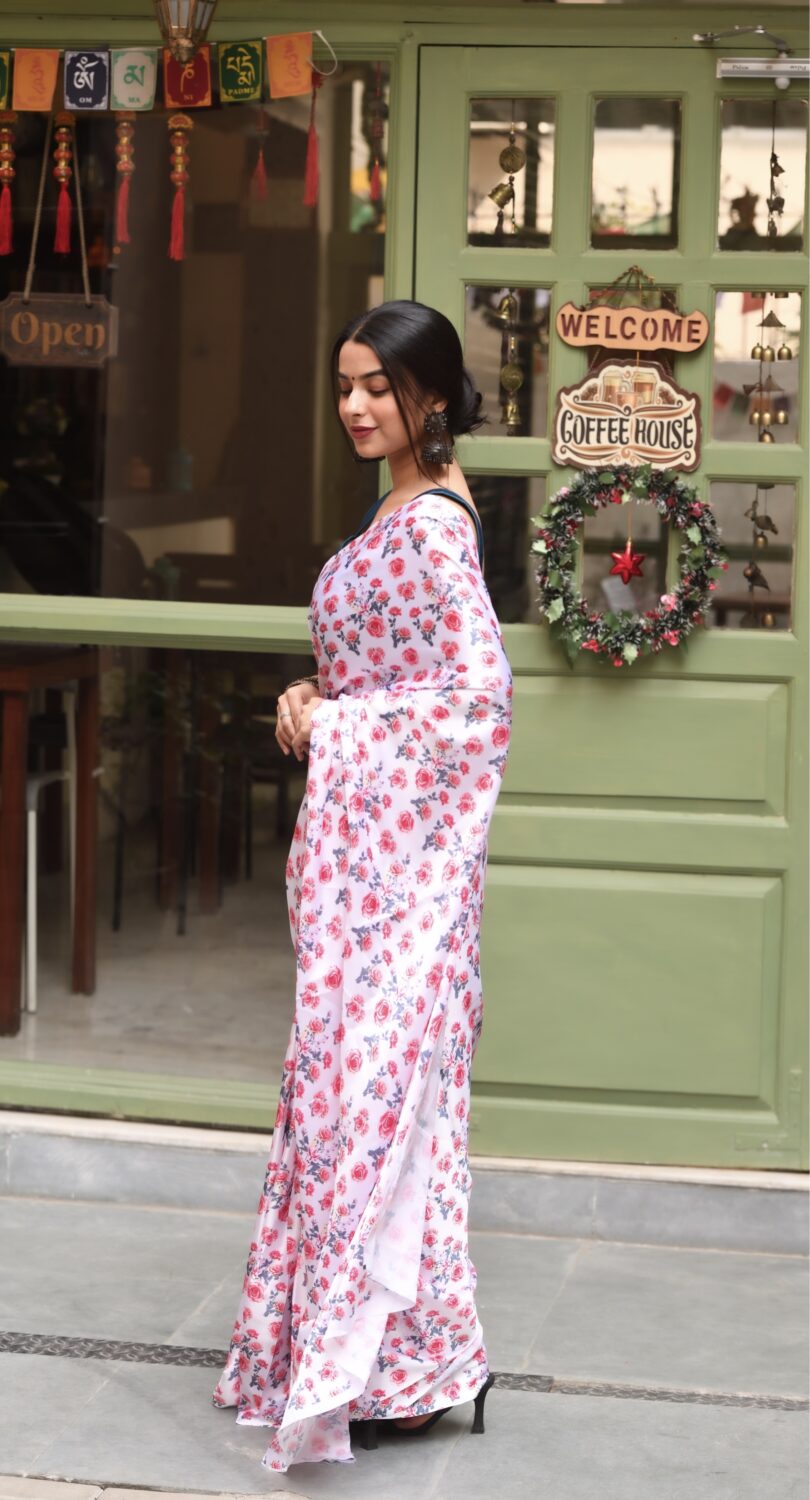 Red & White Floral Satin Saree - Image 4