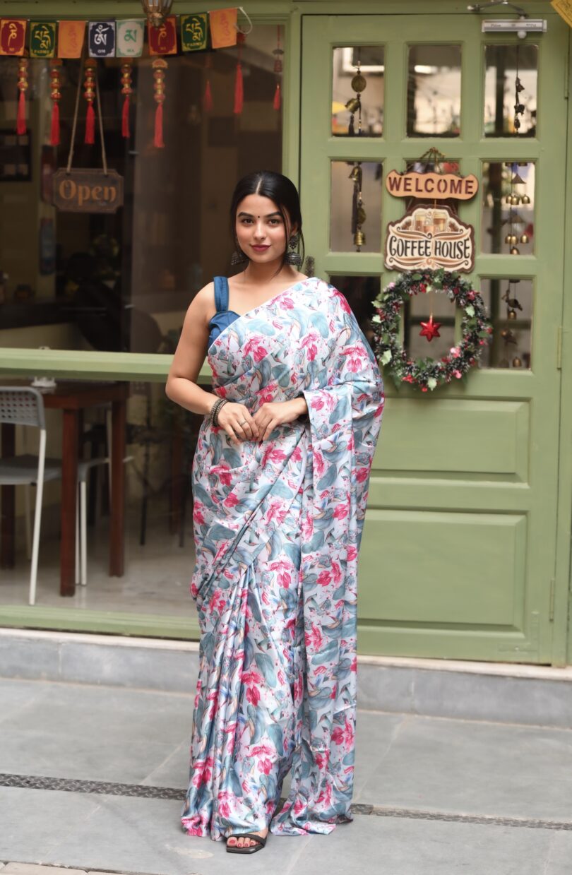 Light Sky Floral Satin Saree - Image 4