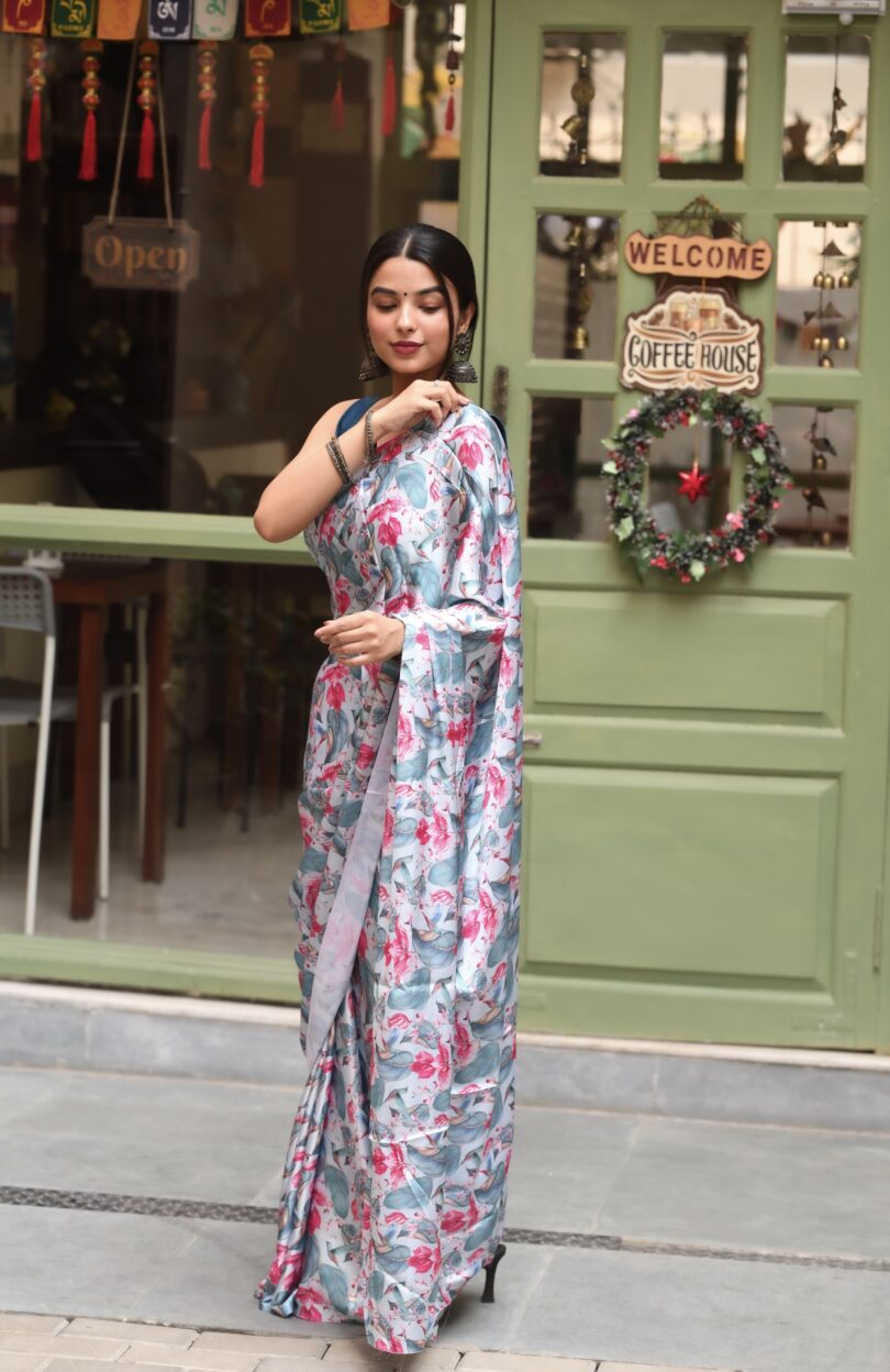 Light Sky Floral Satin Saree - Image 3