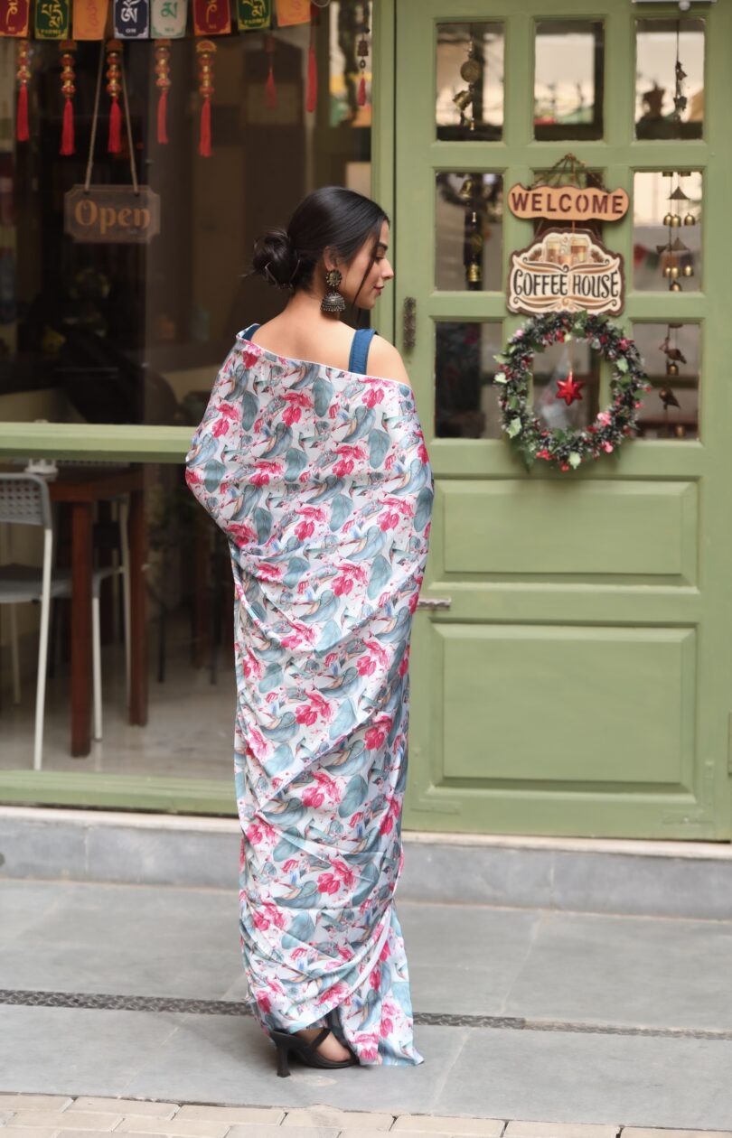 Light Sky Floral Satin Saree - Image 5