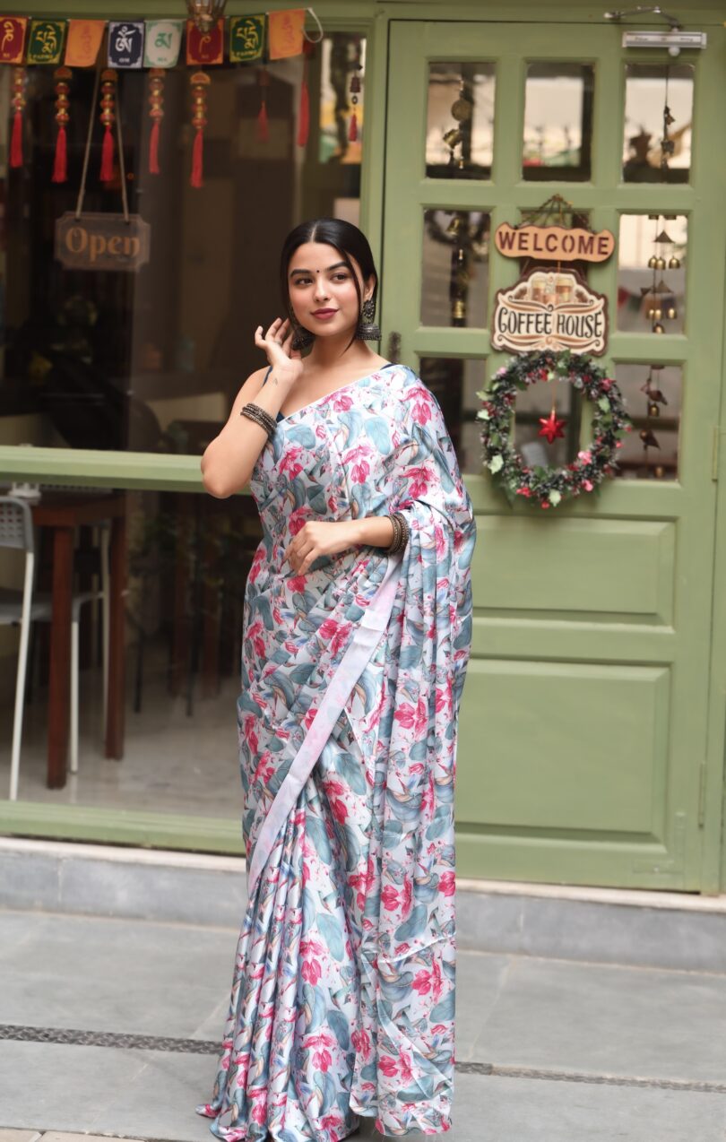 Light Sky Floral Satin Saree - Image 2