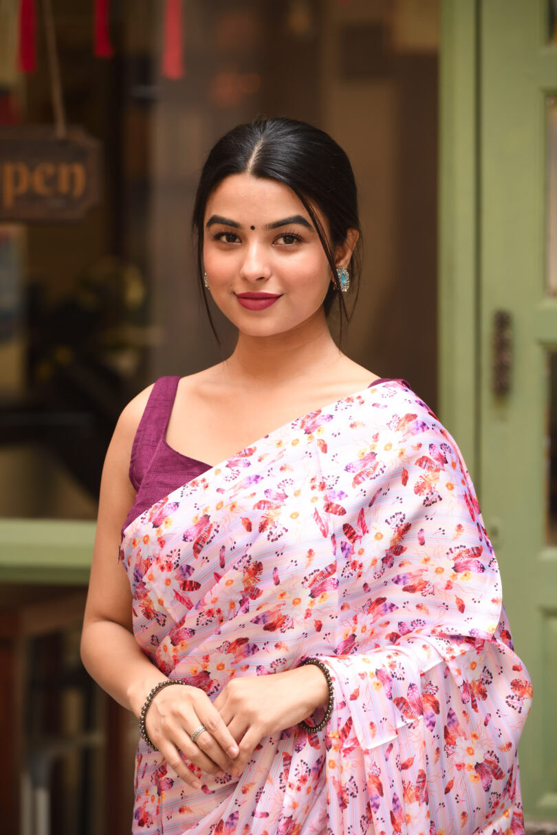 Red Floral Satin Saree - Image 4