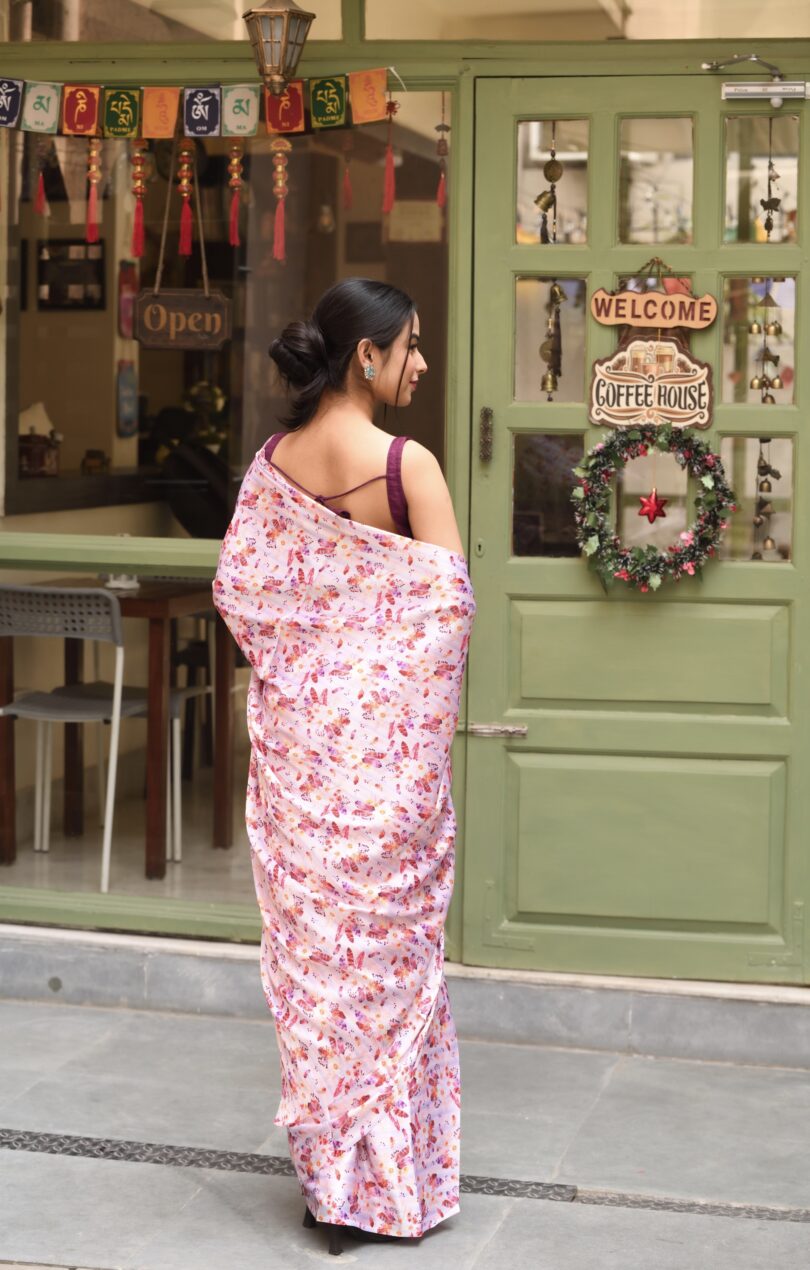 Red Floral Satin Saree - Image 3