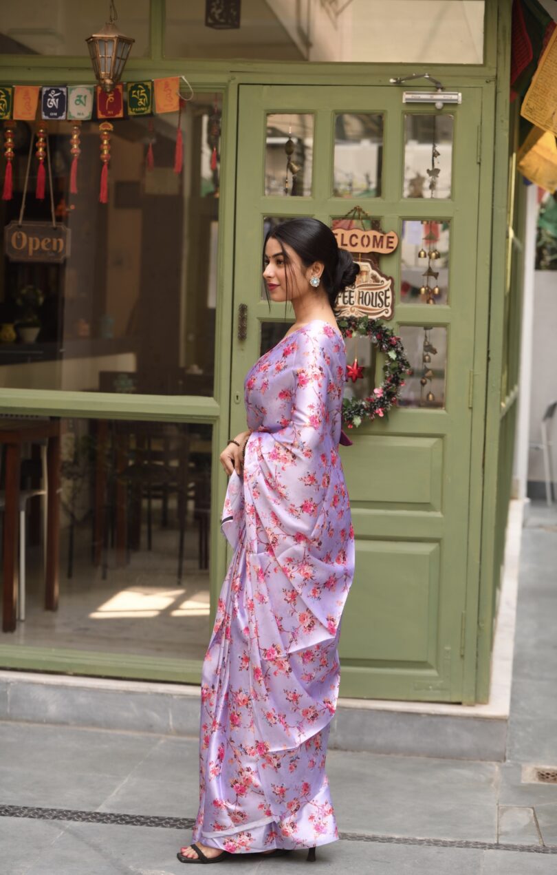 Purple Floral Satin Saree - Image 4