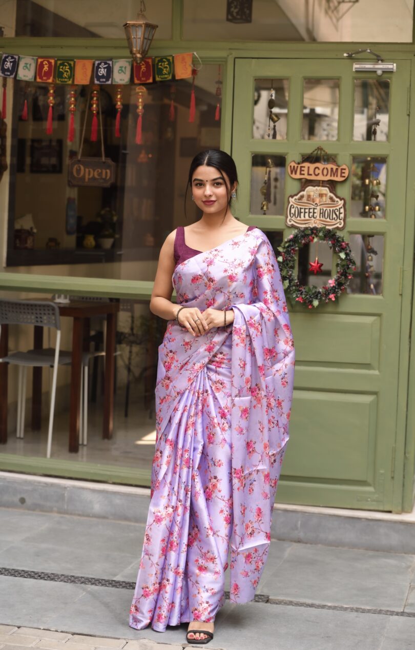 Purple Floral Satin Saree - Image 3