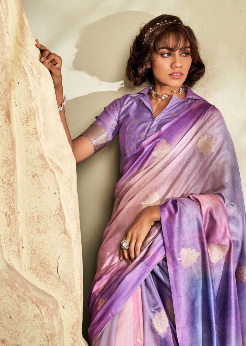 Purple Pure Handloom Khadi Silk with Digital Print - Image 3