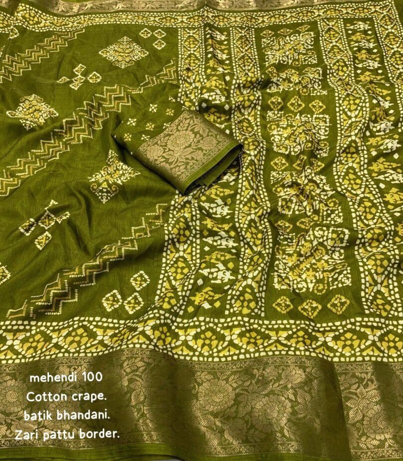 Batik Polka Printed Soft Handloom Cotton Crepe Silk Saree With Woven Zari Pattu Border - Image 6