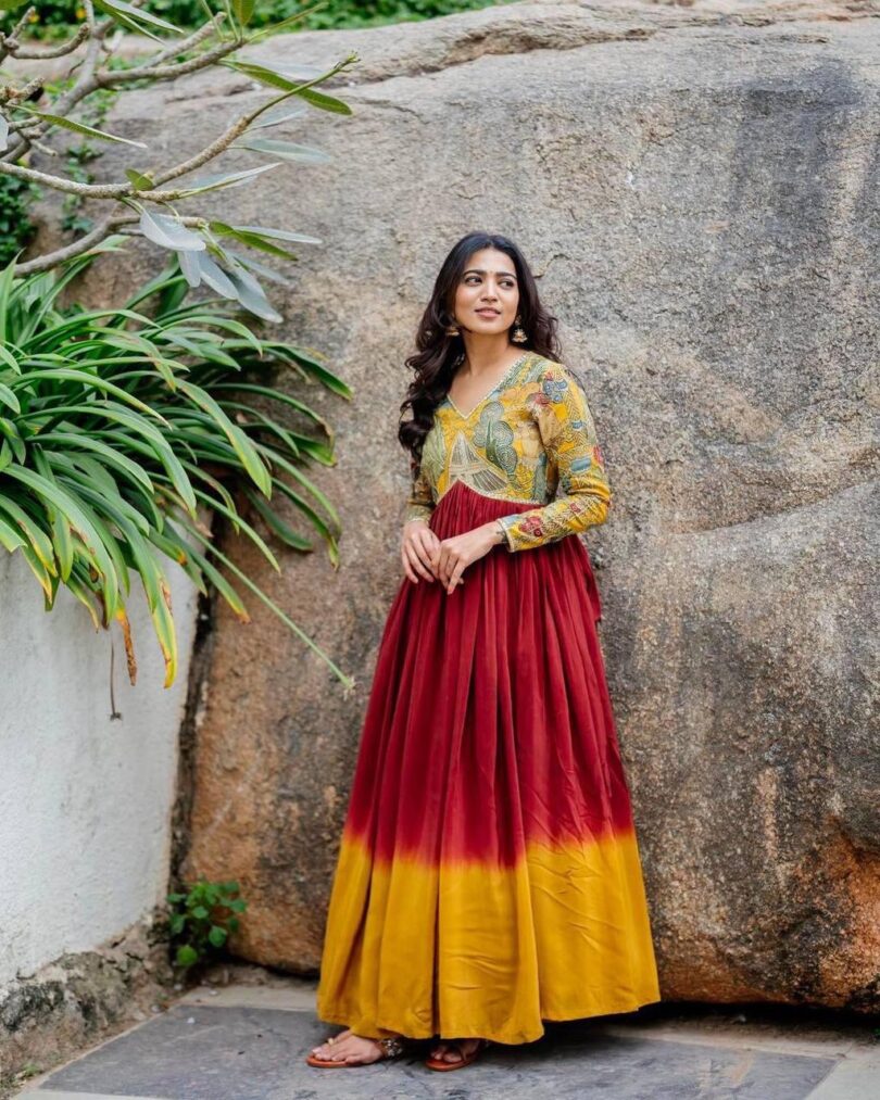 Elegant Kalamkari Printed Alia Cut with Beautiful Handwork Chinnon Silk Gown - Image 2