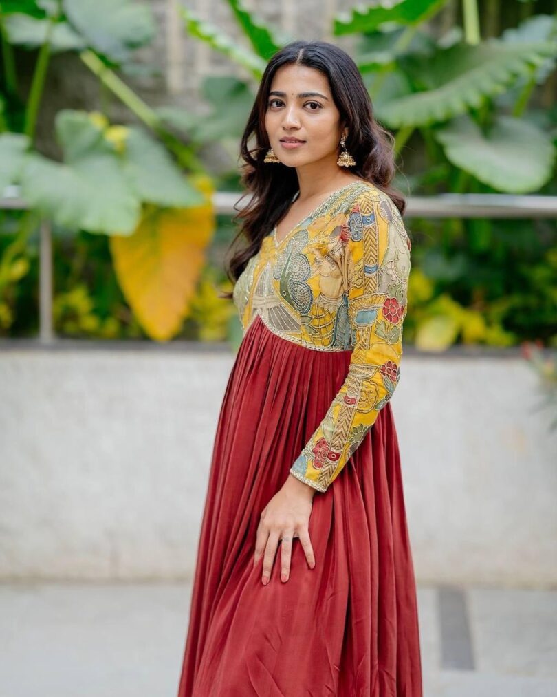 Elegant Kalamkari Printed Alia Cut with Beautiful Handwork Chinnon Silk Gown - Image 3