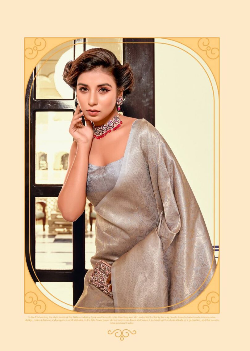 Pale Grey Kanjivaram Silk Woven Classic Saree - Image 2