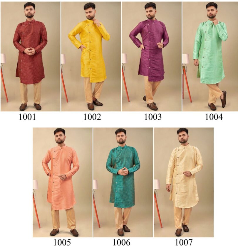 Yellow Jacquard Silk Jacquard Work Kurta Pyjama - Image 2