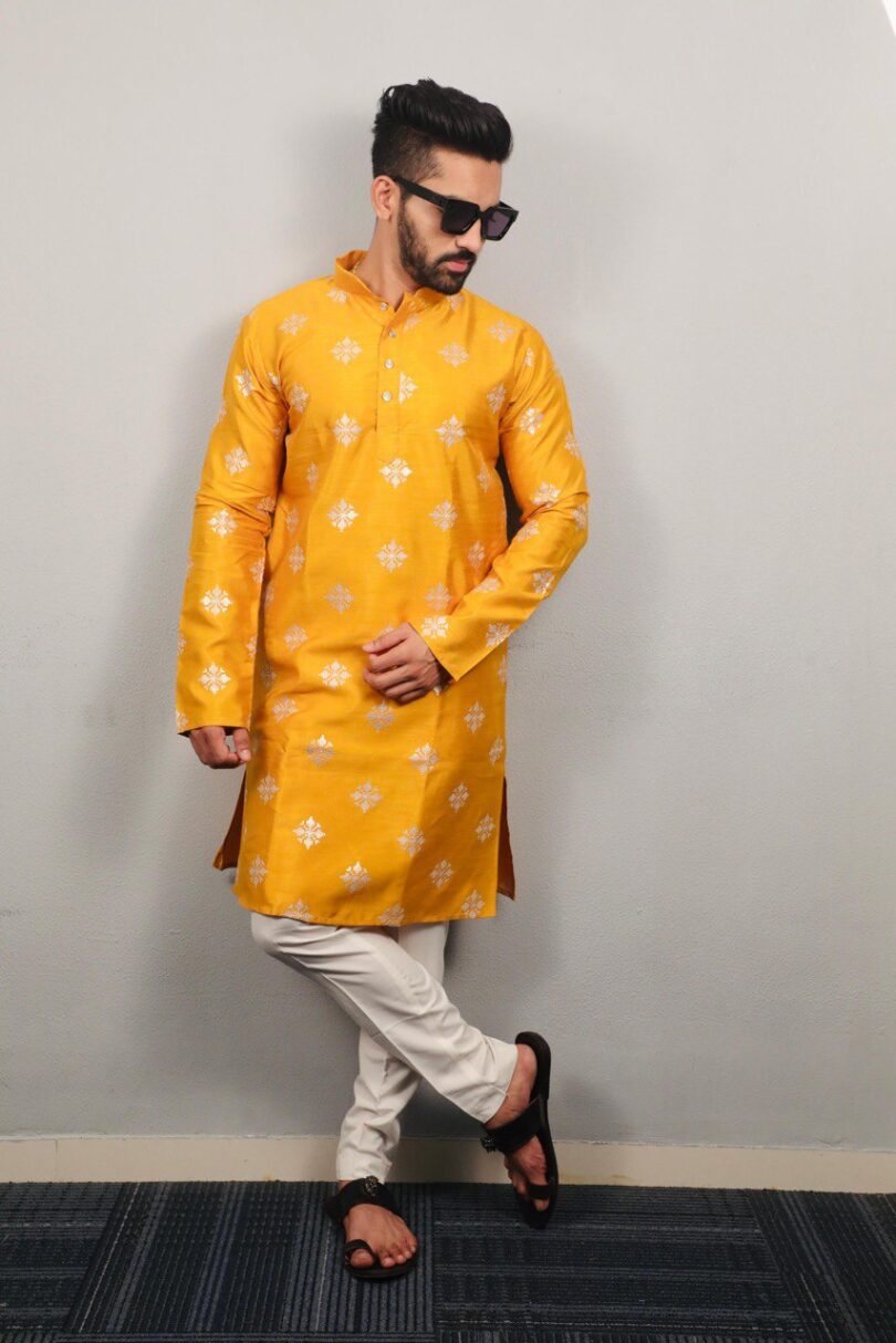 Yellow Mens Traditional Kurta Pajama Set - Image 2