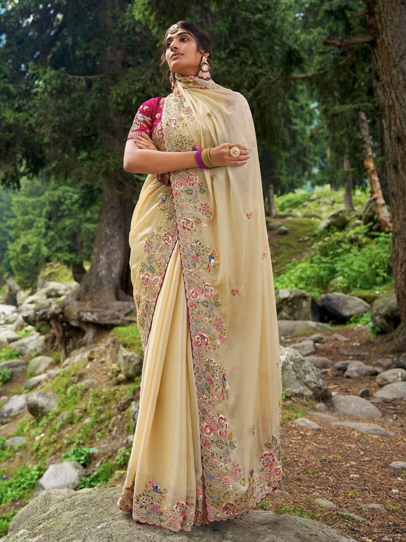 Cream Silk Heavy Thread Embroidery With Sequins Work Saree - Image 2