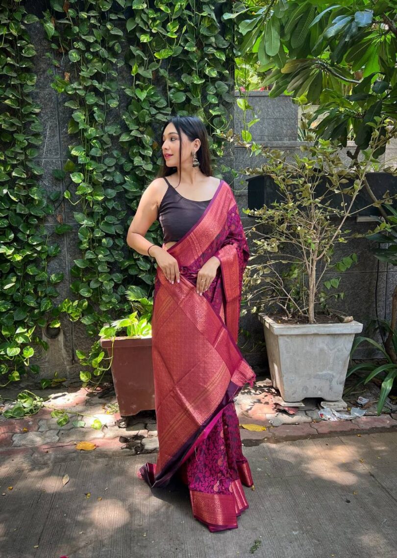 Rani Soft Silk Saree with self jacquard Weaving design - Image 3