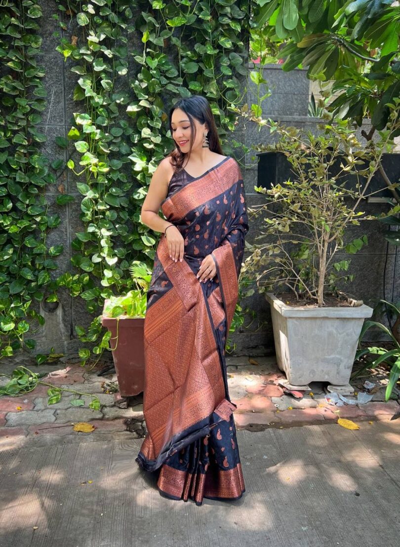 Black Soft Silk Saree with self jacquard Weaving design - Image 2