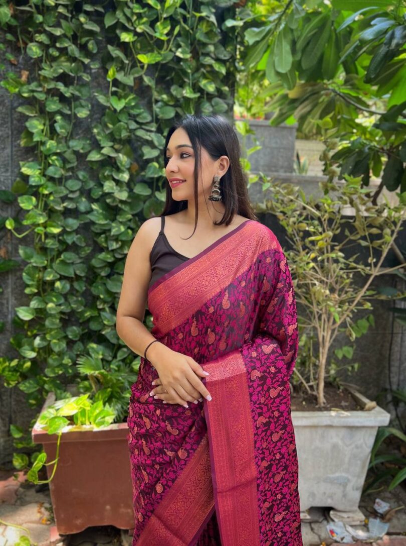 Rani Soft Silk Saree with self jacquard Weaving design - Image 2